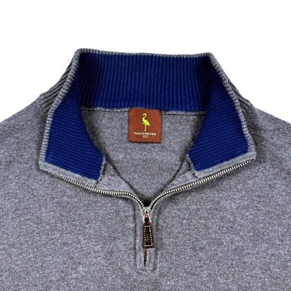Tailorbyrd Mens XLT Gray 100% Cotton Quarter Zip Pullover Sweater Navy Trim